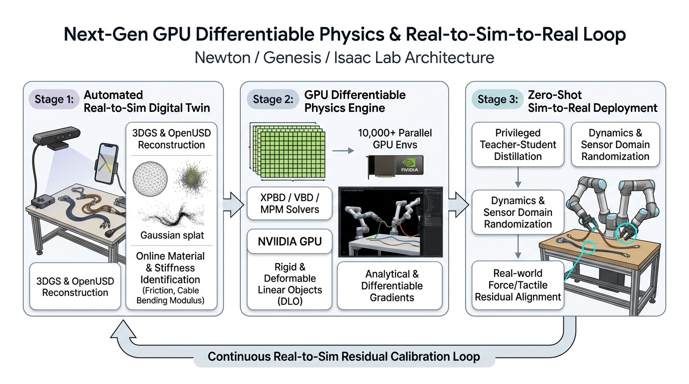 图 22 · 新一代 GPU 可微物理引擎 (Newton / Genesis / Isaac Lab) 与 Real-to-Sim-to-Real 闭环