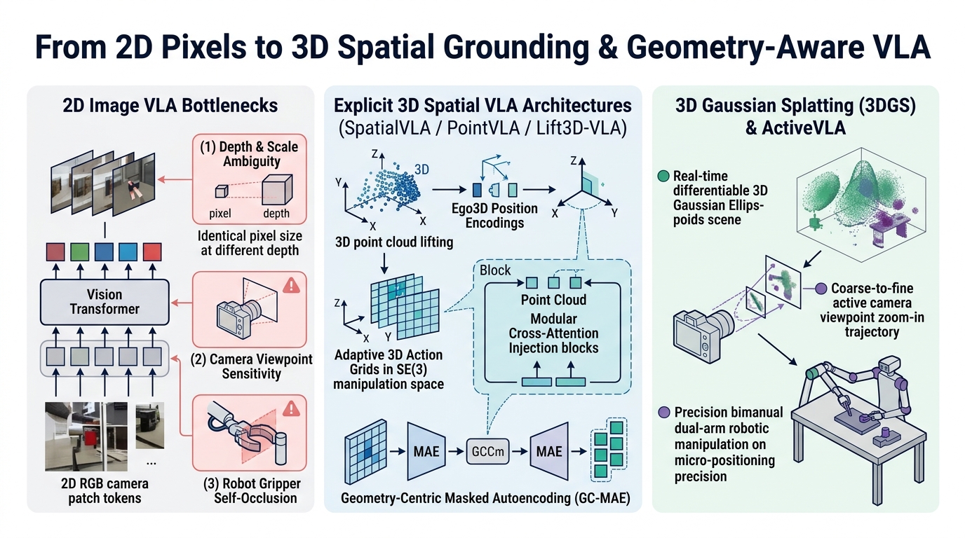 图 21 · 从 2D 像素到 3D 空间几何接地与主动感知 VLA 演进