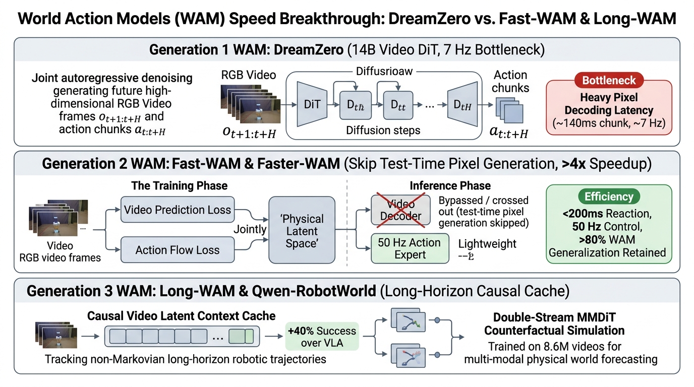 图 19 · 世界动作模型（WAM）推理速度优化：DreamZero 测试期像素渲染瓶颈 vs Fast-WAM 训练期视频协同监督与测试期跳过视频生成 (~190 ms, >4x 加速)